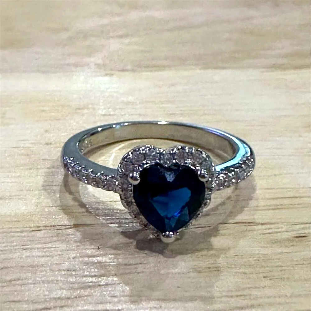 Simulated‎ Sapphire Heart Halo Ring 925 Sterling Silver Size 7.75
